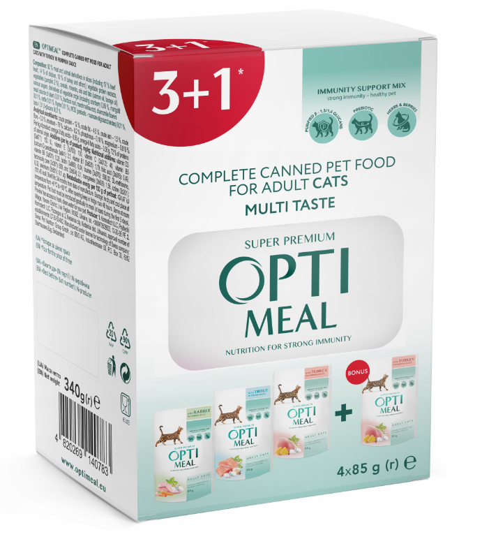 OPTIMEAL MOKRA KARMA DLA DOROSŁYCH KOTÓW - MIX SMAKÓW 3+1GRATIS