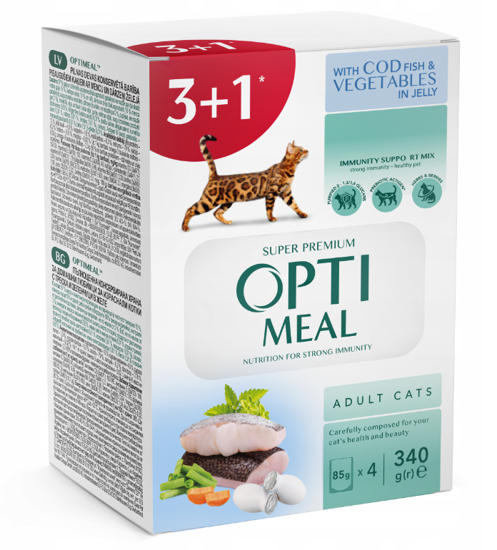 OPTIMEAL MOKRA KARMA DLA KOTÓW - DORSZ, WARZYWA W GALARECIE 85g 3+1GRATIS