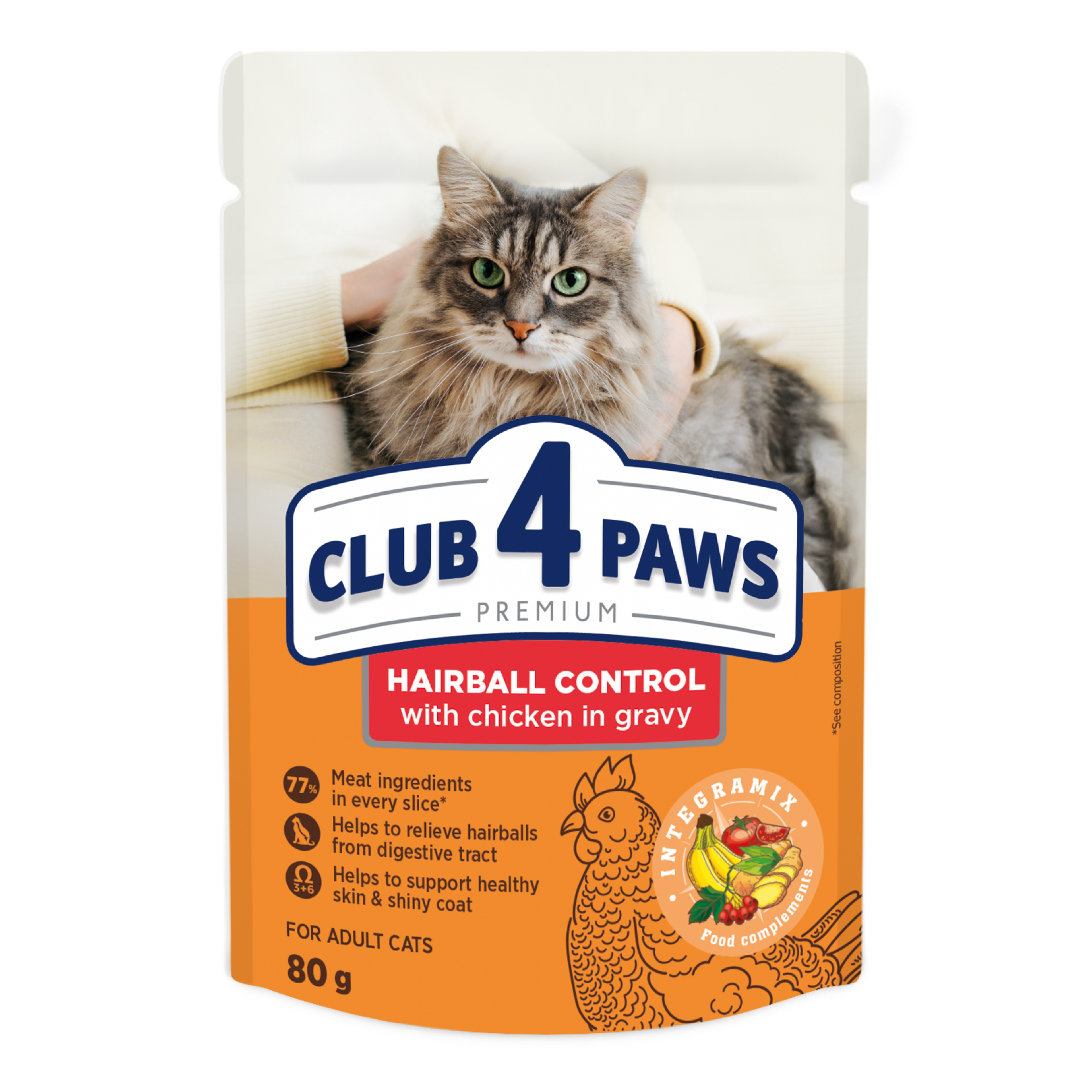 CLUB 4 PAWS „Hairball control” mokra karma dla kota -kurczak 80g 7+1GRATIS