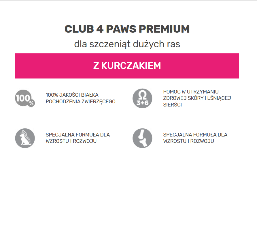 CLUB 4 PAWS PREMIUM DLA SZCZENIĄT DUŻYCH RAS „KURCZAK”. PEŁNOPORCJOWA SUCHA KARMA 14kg