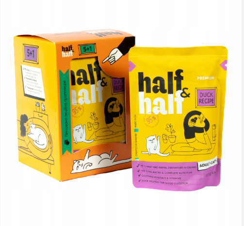 HALF&HALF karma mokra dla kotów Z KACZKĄ W SOSIE 100g 5+1 GRATIS