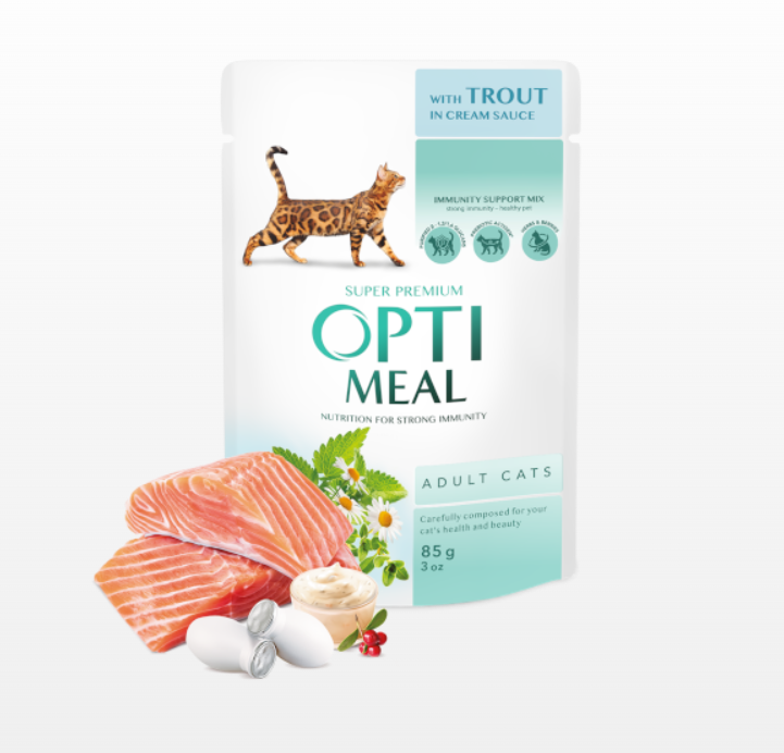 OPTIMEAL mokra karma dla dorosłych kotów - pstrąg w sosie kremowym 0,85g 3+1 GRATIS